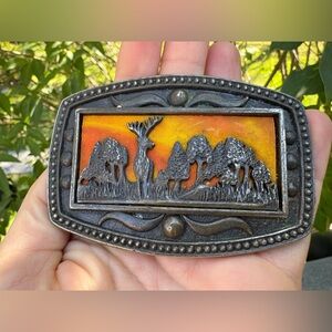 Vintage CII New York Brass Deer Buck Mountain Scene Belt Buckle Vintage Country